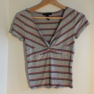 Grey, Forever 21 v-neck top w/ navy & red stripes